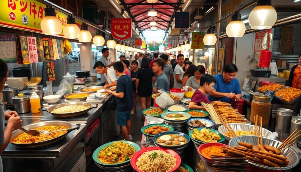 A bustling hawker center in Singapore, filled with the tantalizing aromas of sizzling street food. In the foreground, a diverse array of traditional dishes: char kway teow, laksa, and satay, artfully presented on colorful plates. Vibrant stalls with sizzling woks and busy vendors serve up local specialties, their faces illuminated by the warm glow of overhead lamps. In the background, a lively crowd of locals and curious tourists mingle, embracing the convivial atmosphere. The scene is captured with a wide-angle lens, highlighting the chaos and energy of this quintessential Singaporean dining experience. Warm, saturated colors and natural lighting evoke the humid, tropical ambiance of this iconic hawker haven.