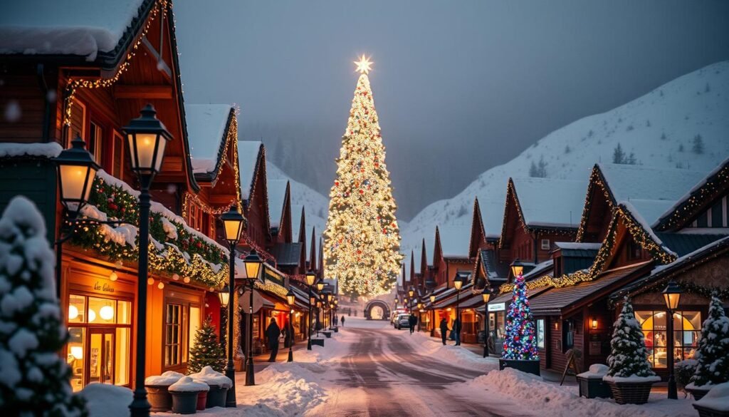 A bustling holiday town nestled in a snowy landscape, its streets aglow with twinkling lights. The warm glow of lamp posts and storefront windows casts a cozy ambiance, while strings of colorful lights adorn the facades of quaint shops and cafes. In the distance, a towering Christmas tree stands tall, its branches sparkling with LED bulbs. The scene is captured in a wide-angle shot, with a soft focus that emphasizes the magical atmosphere. The overall mood is one of festive cheer and winter wonderland enchantment, perfect for a picturesque Christmas destination.