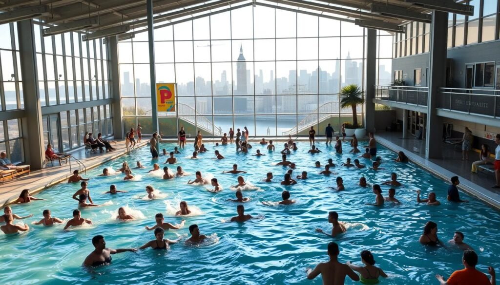 A bustling indoor aquatic center in San Francisco, with a vibrant and inviting atmosphere. The foreground showcases a spacious, heated pool teeming with families enjoying the warm waters, some splashing and playing, others relaxing on pool lounges. The middle ground features a vibrant mural depicting iconic San Francisco landmarks, casting a warm, golden glow across the scene. In the background, a panoramic view of the city skyline is visible through large windows, bathed in the soft, natural light of the afternoon. The overall composition conveys a sense of urban leisure and family-friendly fun. A bustling indoor aquatic center in San Francisco, with a vibrant and inviting atmosphere. The foreground showcases a spacious, heated pool teeming with families enjoying the warm waters, some splashing and playing, others relaxing on pool lounges. The middle ground features a vibrant mural depicting iconic San Francisco landmarks, casting a warm, golden glow across the scene. In the background, a panoramic view of the city skyline is visible through large windows, bathed in the soft, natural light of the afternoon. The overall composition conveys a sense of urban leisure and family-friendly fun.