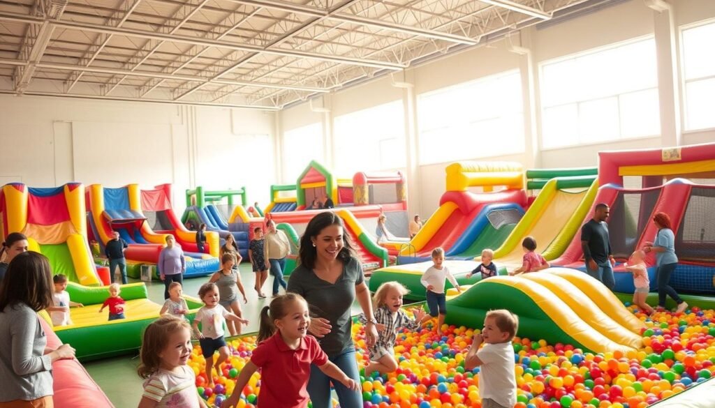 A bustling indoor family playland in San Francisco, with colorful bounce houses, ball pits, and interactive play structures filling a bright, airy space. Sunlight streams through large windows, casting a warm glow over the lively scene. Children of all ages laugh and run through the engaging activities, while attentive parents watch nearby, enjoying the carefree atmosphere. The space is designed with safety and imagination in mind, offering a perfect rainy-day escape for families to bond and create lasting memories. A bustling indoor family playland in San Francisco, with colorful bounce houses, ball pits, and interactive play structures filling a bright, airy space. Sunlight streams through large windows, casting a warm glow over the lively scene. Children of all ages laugh and run through the engaging activities, while attentive parents watch nearby, enjoying the carefree atmosphere. The space is designed with safety and imagination in mind, offering a perfect rainy-day escape for families to bond and create lasting memories.