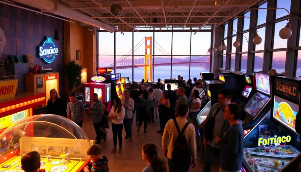 A bustling indoor scene of San Francisco's eclectic attractions. In the foreground, families explore an interactive science museum, captivated by hands-on exhibits and colorful displays. The middle ground showcases a cozy, vintage-inspired arcade, neon signs illuminating the retro gaming cabinets. In the background, the iconic Golden Gate Bridge is visible through the panoramic windows of a modern, high-ceilinged art gallery. Warm lighting casts a glow over the diverse activities, creating an atmosphere of wonder and discovery. A wide-angle lens captures the vibrant, interconnected indoor experiences that make San Francisco a year-round destination for all ages. A bustling indoor scene of San Francisco's eclectic attractions. In the foreground, families explore an interactive science museum, captivated by hands-on exhibits and colorful displays. The middle ground showcases a cozy, vintage-inspired arcade, neon signs illuminating the retro gaming cabinets. In the background, the iconic Golden Gate Bridge is visible through the panoramic windows of a modern, high-ceilinged art gallery. Warm lighting casts a glow over the diverse activities, creating an atmosphere of wonder and discovery. A wide-angle lens captures the vibrant, interconnected indoor experiences that make San Francisco a year-round destination for all ages.