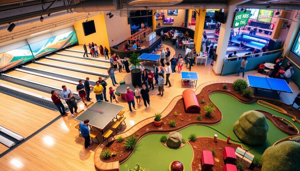 A bustling indoor sports complex in San Francisco, featuring a well-lit bowling alley with sleek lanes, a lively bocce ball court, a ping-pong table surrounded by spectators, and an expertly-designed miniature golf course winding through a vibrant, playful landscape. The space is filled with laughter and friendly competition, as families and friends engage in a variety of exciting activities. Warm lighting bathes the scene, creating a welcoming, energetic atmosphere. The camera captures the dynamic movement and interactions, showcasing the joy and camaraderie of this urban recreational haven. A bustling indoor sports complex in San Francisco, featuring a well-lit bowling alley with sleek lanes, a lively bocce ball court, a ping-pong table surrounded by spectators, and an expertly-designed miniature golf course winding through a vibrant, playful landscape. The space is filled with laughter and friendly competition, as families and friends engage in a variety of exciting activities. Warm lighting bathes the scene, creating a welcoming, energetic atmosphere. The camera captures the dynamic movement and interactions, showcasing the joy and camaraderie of this urban recreational haven.