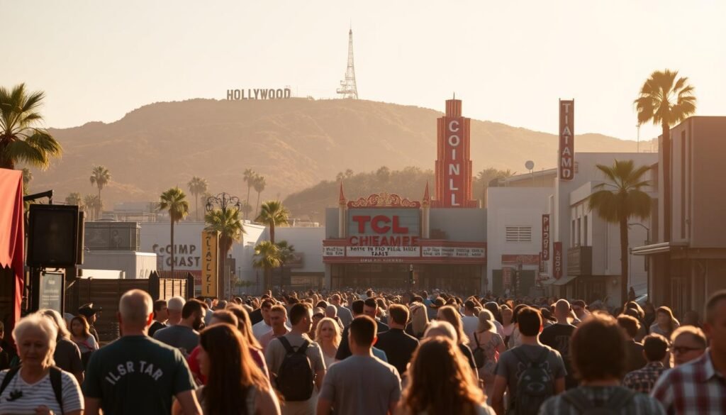 A bustling movie tour in the heart of Los Angeles, capturing the magic of Hollywood. In the foreground, visitors explore a life-size movie set, marveling at the intricate details and backdrops that bring films to life. In the middle ground, iconic landmarks like the Hollywood Sign and the TCL Chinese Theatre loom in the distance, testaments to the city's cinematic legacy. The warm, golden hues of the California sun bathe the scene, creating a vibrant and enchanting atmosphere. The lens captures the excitement and wonder of those who have come to immerse themselves in the world of movie magic, a true celebration of the art that has made Los Angeles the entertainment capital of the world. A bustling movie tour in the heart of Los Angeles, capturing the magic of Hollywood. In the foreground, visitors explore a life-size movie set, marveling at the intricate details and backdrops that bring films to life. In the middle ground, iconic landmarks like the Hollywood Sign and the TCL Chinese Theatre loom in the distance, testaments to the city's cinematic legacy. The warm, golden hues of the California sun bathe the scene, creating a vibrant and enchanting atmosphere. The lens captures the excitement and wonder of those who have come to immerse themselves in the world of movie magic, a true celebration of the art that has made Los Angeles the entertainment capital of the world.