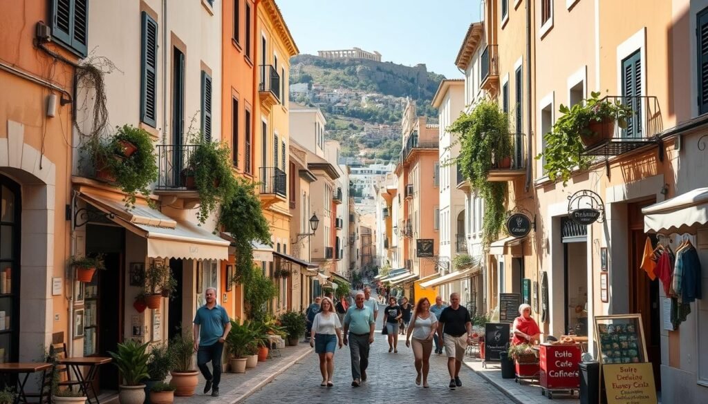 A bustling neighborhood street in Athens, Greece, bathed in warm Mediterranean sunlight. Narrow cobblestone lanes lined with charming neoclassical buildings, their pastel-colored facades accented by potted plants and trailing vines. Locals and visitors stroll leisurely, pausing to admire the vibrant street life - cafes spilling onto the sidewalks, artisan shops, and street vendors offering fresh produce and handmade crafts. In the distance, the iconic Acropolis looms, a timeless backdrop to this intimate, quintessentially Athenian scene. The overall mood is one of relaxed, historical ambiance, capturing the essence of the city's renowned neighborhoods. A bustling neighborhood street in Athens, Greece, bathed in warm Mediterranean sunlight. Narrow cobblestone lanes lined with charming neoclassical buildings, their pastel-colored facades accented by potted plants and trailing vines. Locals and visitors stroll leisurely, pausing to admire the vibrant street life - cafes spilling onto the sidewalks, artisan shops, and street vendors offering fresh produce and handmade crafts. In the distance, the iconic Acropolis looms, a timeless backdrop to this intimate, quintessentially Athenian scene. The overall mood is one of relaxed, historical ambiance, capturing the essence of the city's renowned neighborhoods.