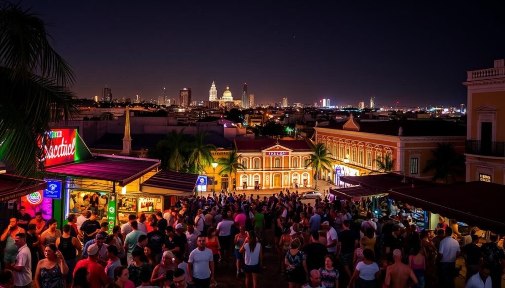 A bustling nightscape in the heart of Santurce, Puerto Rico. In the foreground, lively crowds spill out of vibrant salsa clubs, their infectious rhythms pulsing through the air. Neon-lit cocktail bars line the cobblestone streets, offering signature rum-based libations. The middle ground features the iconic Placita de Santurce plaza, its historic architecture aglow under warm, atmospheric lighting. In the background, the city skyline rises, a mix of colonial and modern structures silhouetted against a dusky, star-speckled sky. The overall mood is one of electric energy, cultural vibrancy, and the irresistible allure of San Juan's renowned nightlife. A bustling nightscape in the heart of Santurce, Puerto Rico. In the foreground, lively crowds spill out of vibrant salsa clubs, their infectious rhythms pulsing through the air. Neon-lit cocktail bars line the cobblestone streets, offering signature rum-based libations. The middle ground features the iconic Placita de Santurce plaza, its historic architecture aglow under warm, atmospheric lighting. In the background, the city skyline rises, a mix of colonial and modern structures silhouetted against a dusky, star-speckled sky. The overall mood is one of electric energy, cultural vibrancy, and the irresistible allure of San Juan's renowned nightlife.