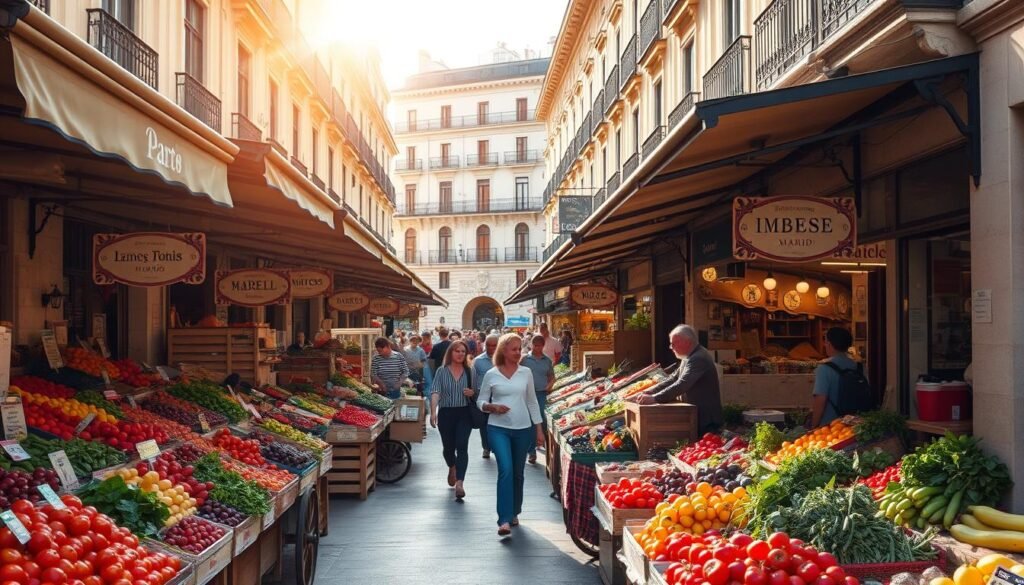 A bustling open-air market in Madrid, with rows of colorful produce stalls, wooden carts, and charming antique signs. Warm afternoon sunlight filters through the canopies, casting a golden glow over the scene. In the foreground, a vendor enthusiastically displays their seasonal wares, from ripe tomatoes to fragrant herbs. In the middle ground, shoppers stroll leisurely, pausing to inspect the local delicacies and artisanal goods. In the background, the historic architecture of the city frames the market, with its ornate facades and wrought-iron balconies. The atmosphere is vibrant, lively, and quintessentially Spanish, inviting the viewer to immerse themselves in the sights, sounds, and flavors of this beloved local institution. A bustling open-air market in Madrid, with rows of colorful produce stalls, wooden carts, and charming antique signs. Warm afternoon sunlight filters through the canopies, casting a golden glow over the scene. In the foreground, a vendor enthusiastically displays their seasonal wares, from ripe tomatoes to fragrant herbs. In the middle ground, shoppers stroll leisurely, pausing to inspect the local delicacies and artisanal goods. In the background, the historic architecture of the city frames the market, with its ornate facades and wrought-iron balconies. The atmosphere is vibrant, lively, and quintessentially Spanish, inviting the viewer to immerse themselves in the sights, sounds, and flavors of this beloved local institution.