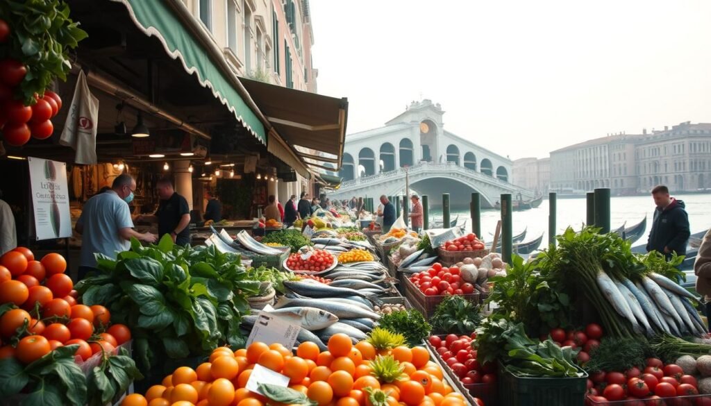 A bustling open-air market in the heart of Venice, the Rialto Market is a feast for the senses. In the foreground, stalls brimming with vibrant produce - ripe tomatoes, leafy greens, and fragrant herbs. Middle-ground vendors offering fresh seafood, glistening fish and crustaceans plucked from the Adriatic. In the background, the iconic Rialto Bridge arches over the shimmering Grand Canal, bathed in the soft, warm light of an early morning. The air is alive with the chatter of locals and visitors, the cries of merchants, the salty scent of the lagoon. Capture the timeless energy and authentic character of this Venetian institution, a perfect scene to illustrate the delights of the Rialto Market.