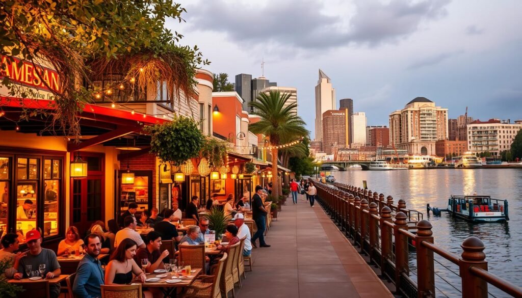 A bustling river walk lined with vibrant restaurants and cafes, their outdoor patios alive with the aroma of savory dishes and sizzling aromas. In the foreground, a lively scene of diners enjoying local Tex-Mex cuisine, sipping craft cocktails, and taking in the scenic waterfront views. The middle ground features quaint eateries with hanging vines and twinkling string lights, creating a cozy, intimate atmosphere. In the background, the majestic San Antonio skyline rises, its modern architecture and historic landmarks blending seamlessly. Warm, golden lighting casts a magical glow, evoking a sense of culinary adventure and the spirit of San Antonio's thriving food culture. A bustling river walk lined with vibrant restaurants and cafes, their outdoor patios alive with the aroma of savory dishes and sizzling aromas. In the foreground, a lively scene of diners enjoying local Tex-Mex cuisine, sipping craft cocktails, and taking in the scenic waterfront views. The middle ground features quaint eateries with hanging vines and twinkling string lights, creating a cozy, intimate atmosphere. In the background, the majestic San Antonio skyline rises, its modern architecture and historic landmarks blending seamlessly. Warm, golden lighting casts a magical glow, evoking a sense of culinary adventure and the spirit of San Antonio's thriving food culture.