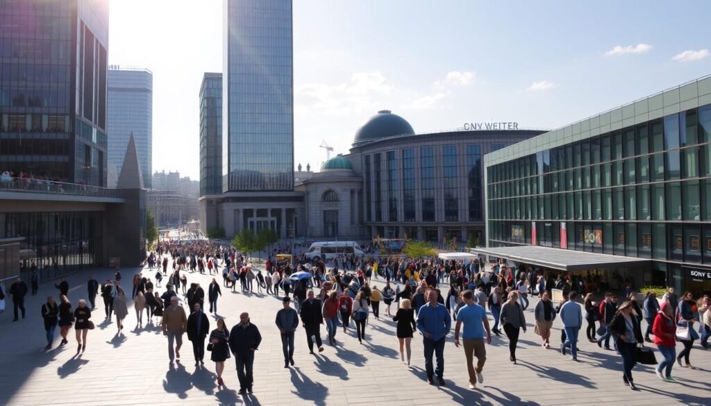 A bustling scene at Potsdamer Platz, the vibrant heart of Berlin. In the foreground, towering glass skyscrapers and modern architectural marvels cast long shadows across the plaza. People stroll along the paved walkways, admiring the sleek, contemporary design. In the middle ground, a lively mix of locals and tourists mingle, some enjoying an outdoor café or street performance. The background is a tapestry of historic landmarks, including the Sony Center's striking domed roof, set against a bright, sun-dappled sky. The overall atmosphere is one of energy, progress, and a harmonious blend of old and new, perfectly capturing the spirit of this iconic Berlin destination.
