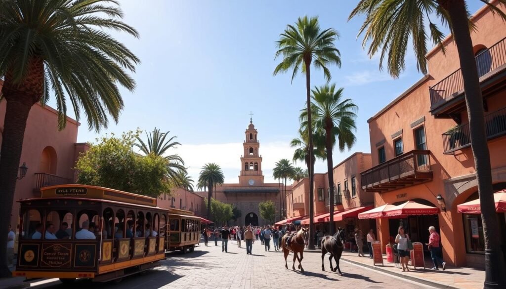 A bustling scene in Old Town San Diego, the historic heart of the city. A sun-dappled plaza, lined with adobe buildings, their warm terracotta facades glowing in the afternoon light. In the foreground, a horse-drawn trolley trundles by, its passengers taking in the sights. Towering palm trees sway gently overhead, casting soft shadows across the cobblestone streets. In the distance, the iconic bell tower of the 1815 San Diego Presidio stands tall, a testament to the area's rich past. The air is filled with the aroma of Mexican cuisine, drawing visitors to the vibrant, colorful eateries that line the streets. An atmosphere of timeless charm and enduring history, capturing the essence of Old Town San Diego. A bustling scene in Old Town San Diego, the historic heart of the city. A sun-dappled plaza, lined with adobe buildings, their warm terracotta facades glowing in the afternoon light. In the foreground, a horse-drawn trolley trundles by, its passengers taking in the sights. Towering palm trees sway gently overhead, casting soft shadows across the cobblestone streets. In the distance, the iconic bell tower of the 1815 San Diego Presidio stands tall, a testament to the area's rich past. The air is filled with the aroma of Mexican cuisine, drawing visitors to the vibrant, colorful eateries that line the streets. An atmosphere of timeless charm and enduring history, capturing the essence of Old Town San Diego.