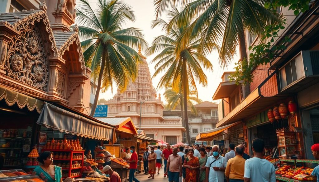 A bustling scene in the heart of Singapore's vibrant Little India neighborhood, bathed in warm, golden light. In the foreground, a lively street market with stalls overflowing with fragrant spices, colorful saris, and an array of tantalizing local delicacies. Middle ground features intricate Hindu temples and ornate shopfronts, their facades adorned with intricate carvings and vibrant hues. In the background, towering palm trees sway gently, creating a sense of tranquility amidst the lively atmosphere. The image captures the intoxicating blend of sights, sounds, and aromas that define the unique character of this cultural hub.