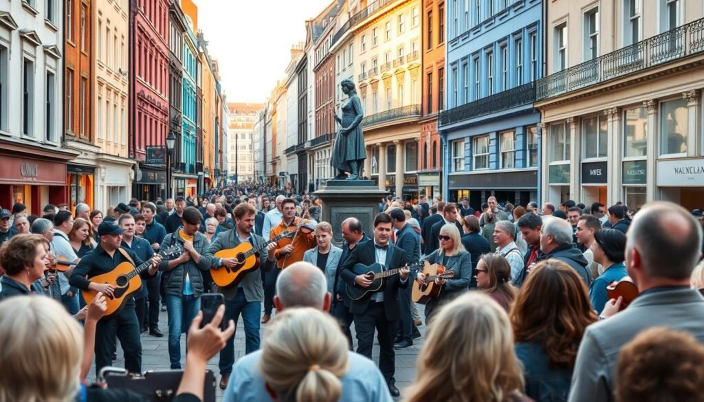 A bustling scene on Grafton Street, Dublin's vibrant pedestrian thoroughfare. In the foreground, a lively group of street performers captivate the crowd, their music and dance filling the air with energy. Guitarists, violinists, and even a skilled juggler entertain passers-by, creating an atmosphere of joy and wonder. The middle ground features the iconic Georgian architecture lining the street, with its colorful facades and intricate details. In the background, the iconic Molly Malone statue stands as a testament to Dublin's rich cultural heritage, her features softly illuminated by the warm, golden light of the afternoon sun. The overall scene is a celebration of the city's vibrant street life, captured through a wide-angle lens that immerses the viewer in the sights and sounds of Grafton Street's lively buskers. A bustling scene on Grafton Street, Dublin's vibrant pedestrian thoroughfare. In the foreground, a lively group of street performers captivate the crowd, their music and dance filling the air with energy. Guitarists, violinists, and even a skilled juggler entertain passers-by, creating an atmosphere of joy and wonder. The middle ground features the iconic Georgian architecture lining the street, with its colorful facades and intricate details. In the background, the iconic Molly Malone statue stands as a testament to Dublin's rich cultural heritage, her features softly illuminated by the warm, golden light of the afternoon sun. The overall scene is a celebration of the city's vibrant street life, captured through a wide-angle lens that immerses the viewer in the sights and sounds of Grafton Street's lively buskers.