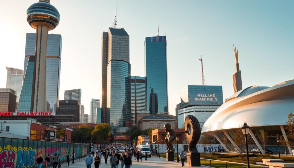 A bustling skyline of towering glass and steel skyscrapers, their angular facades gleaming under the warm afternoon sun. In the foreground, the iconic Reunion Tower stands tall, its distinctive spherical observation deck offering panoramic views of the city below. Pedestrians meander through the lively streets, past vibrant murals and sculptures that bring a sense of artistic flair to the urban landscape. In the distance, the imposing tower of the Dealey Plaza stands as a solemn reminder of a pivotal moment in history, while the modern, state-of-the-art Dallas Museum of Art invites visitors to immerse themselves in captivating works of contemporary art. The scene exudes a dynamic blend of modern architecture, cultural heritage, and a thriving metropolitan energy. A bustling skyline of towering glass and steel skyscrapers, their angular facades gleaming under the warm afternoon sun. In the foreground, the iconic Reunion Tower stands tall, its distinctive spherical observation deck offering panoramic views of the city below. Pedestrians meander through the lively streets, past vibrant murals and sculptures that bring a sense of artistic flair to the urban landscape. In the distance, the imposing tower of the Dealey Plaza stands as a solemn reminder of a pivotal moment in history, while the modern, state-of-the-art Dallas Museum of Art invites visitors to immerse themselves in captivating works of contemporary art. The scene exudes a dynamic blend of modern architecture, cultural heritage, and a thriving metropolitan energy.