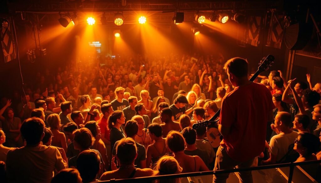 A bustling stage set against the backdrop of a vibrant, energetic crowd. In the foreground, a skilled musician passionately performs on an electric guitar, bathed in warm, golden lighting that casts a captivating glow. The middle ground features a diverse array of talented artists, each contributing their unique musical flair to the performance. In the distance, the crowd sways in perfect harmony, their enthusiasm palpable. The scene exudes a pulsating energy, the creative heartbeat of a thriving live music scene. Crisp, high-definition detail captures the raw emotion and artistry of this dynamic performance, inviting the viewer to feel the pulse of the music and experience the excitement of a live show.