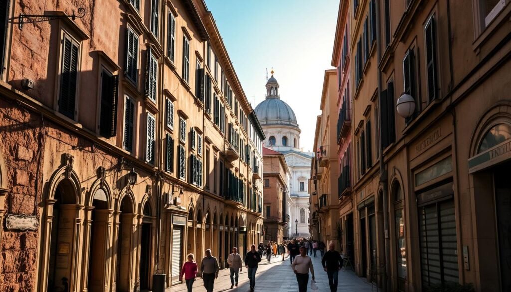 A bustling street in Naples, Italy, with historic buildings lining the narrow Via San Gregorio. The sun casts a warm, golden glow over the weathered facades, highlighting the architectural details and creating long shadows. Pedestrians stroll leisurely, capturing the vibrant pulse of the neighborhood. In the distance, the iconic dome of a church peeks out, adding to the picturesque scene. The image conveys the timeless charm and energy of this iconic Italian city, inviting the viewer to explore its rich history and culture.
