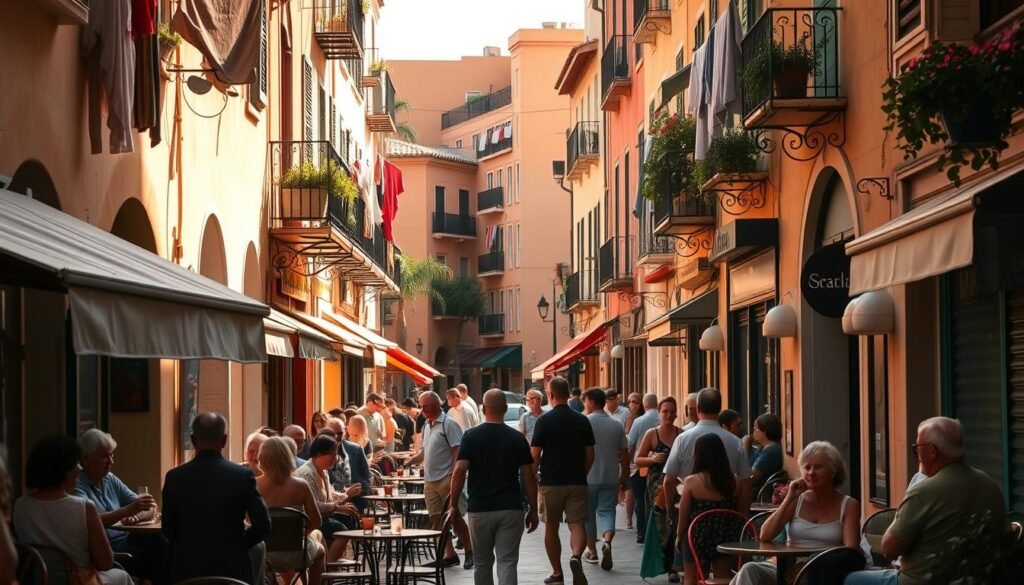 A bustling street in the heart of Naples, Florida's Spanish Quarter (Quartieri Spagnoli), bathed in the golden glow of the afternoon sun. In the foreground, locals spill out of cozy cafes, sipping espresso and chatting animatedly. Laundry hangs from balconies above, adding a touch of gritty authenticity. In the middle ground, colorful storefronts and narrow alleyways invite exploration, while the background is punctuated by the warm, Mediterranean-style architecture that defines this historic neighborhood. The scene emanates a tangible sense of community and joie de vivre, capturing the spirit of this vibrant, culturally-rich enclave.