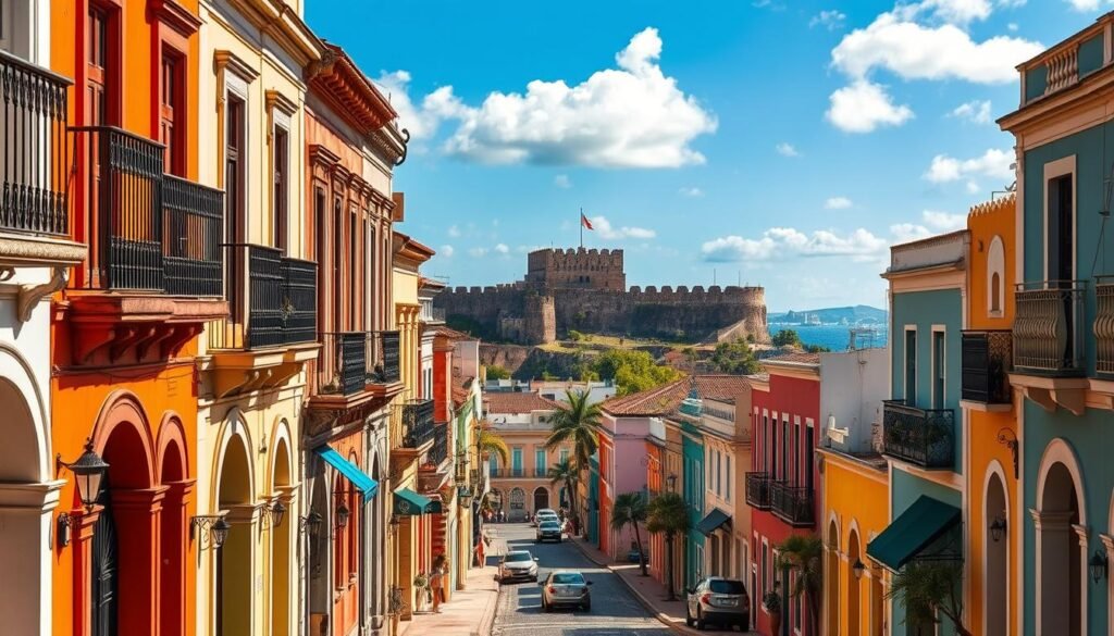 A bustling street in the heart of Old San Juan, Puerto Rico. The foreground is lined with charming colonial buildings, their vibrant colors and intricate architectural details bathed in warm, golden sunlight. Cobblestoned streets wind through the middle ground, leading the eye towards the majestic 16th-century fortress of El Morro, its imposing stone walls silhouetted against a cloudless azure sky. In the distance, the shimmering Caribbean Sea stretches out, framing this timeless, picturesque scene. The overall atmosphere evokes a sense of timeless elegance and historic grandeur, inviting the viewer to step back in time and explore the essence of this remarkable destination. A bustling street in the heart of Old San Juan, Puerto Rico. The foreground is lined with charming colonial buildings, their vibrant colors and intricate architectural details bathed in warm, golden sunlight. Cobblestoned streets wind through the middle ground, leading the eye towards the majestic 16th-century fortress of El Morro, its imposing stone walls silhouetted against a cloudless azure sky. In the distance, the shimmering Caribbean Sea stretches out, framing this timeless, picturesque scene. The overall atmosphere evokes a sense of timeless elegance and historic grandeur, inviting the viewer to step back in time and explore the essence of this remarkable destination.