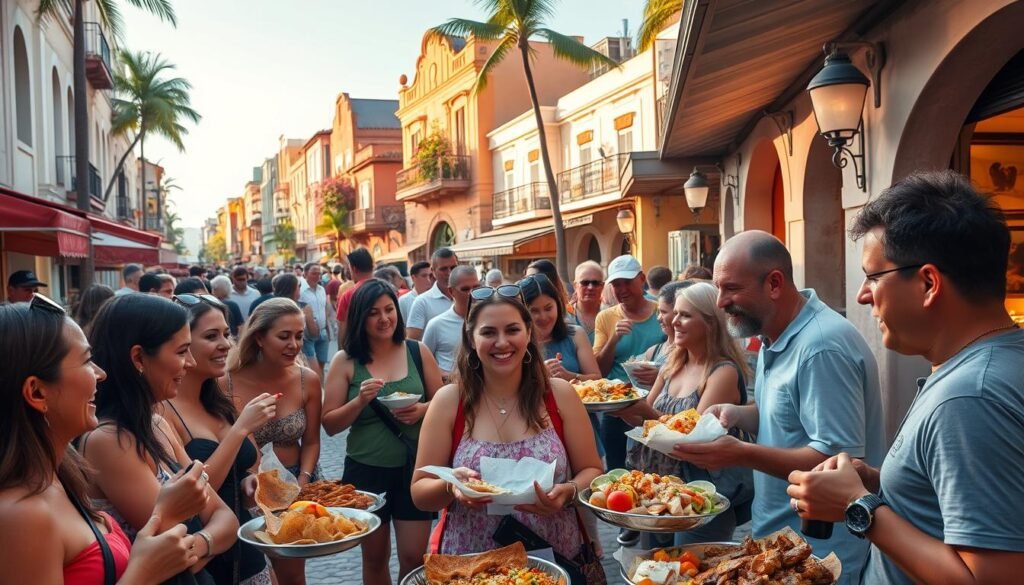 A bustling street in the heart of Puerto Vallarta, Mexico, where locals and tourists alike gather for a delectable food tour. In the foreground, a group of eager food enthusiasts eagerly sample an array of mouthwatering regional dishes, from sizzling fajitas and spicy tacos to fresh seafood ceviche and vibrant tropical fruits. The middle ground is filled with the sights and sounds of the lively market, with vendors hawking their wares and the aroma of sizzling street food wafting through the air. In the background, the iconic cobblestone streets and colorful, Spanish-style buildings of Puerto Vallarta's historic center provide a picturesque backdrop, bathed in warm, golden afternoon light. The overall atmosphere is one of culinary adventure, cultural immersion, and the joyful celebration of Puerto Vallarta's rich gastronomic heritage. A bustling street in the heart of Puerto Vallarta, Mexico, where locals and tourists alike gather for a delectable food tour. In the foreground, a group of eager food enthusiasts eagerly sample an array of mouthwatering regional dishes, from sizzling fajitas and spicy tacos to fresh seafood ceviche and vibrant tropical fruits. The middle ground is filled with the sights and sounds of the lively market, with vendors hawking their wares and the aroma of sizzling street food wafting through the air. In the background, the iconic cobblestone streets and colorful, Spanish-style buildings of Puerto Vallarta's historic center provide a picturesque backdrop, bathed in warm, golden afternoon light. The overall atmosphere is one of culinary adventure, cultural immersion, and the joyful celebration of Puerto Vallarta's rich gastronomic heritage.