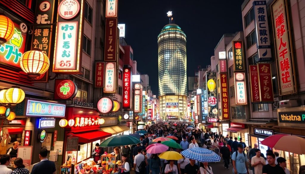 A bustling street scene in Namba and Shinsaibashi, Osaka's famous shopping districts. In the foreground, vibrant neon signs and lanterns illuminate a maze of narrow alleyways lined with lively izakaya, quirky boutiques, and crowded food stalls. In the middle ground, a wide boulevard is packed with pedestrians, their colorful umbrellas and shopping bags creating a lively tapestry. In the background, the towering modern architecture of the Shinsaibashi Suji shopping arcade stands as an iconic landmark, its sleek glass and steel façade bathed in the glow of the setting sun. The overall atmosphere is one of energy, excitement, and the unique fusion of traditional and contemporary Japanese culture.