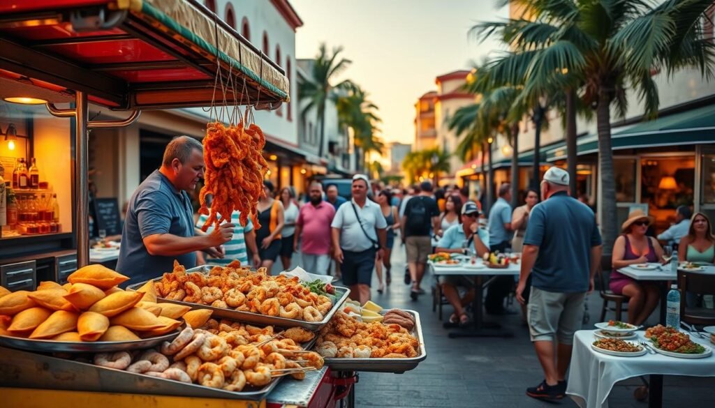 A bustling street scene in Naples, Florida, showcasing the vibrant local cuisine. In the foreground, a vendor's cart overflows with sizzling empanadas, crisp fried calamari, and fragrant skewers of grilled shrimp. Passersby pause to peruse the tempting array, their faces lit by the warm glow of sunset. In the middle ground, tables spill out onto the sidewalk, where families and friends savor traditional Neapolitan dishes like hearty ragù over pasta and fresh, tangy caprese salads. The background reveals the iconic architecture of Naples, with its Mediterranean-inspired buildings and palm trees swaying in the gentle breeze. The overall scene evokes the lively, convivial atmosphere of a quintessential Neapolitan evening spent indulging in the city's renowned street food and local flavors.