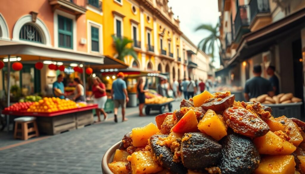 A bustling street scene in Old San Juan, Puerto Rico, showcasing the vibrant local cuisine. In the foreground, a vibrant mofongo dish, its savory plantain and garlic aroma filling the air. Vendors in the middle ground sell fresh tropical fruits and homemade empanadas at a lively outdoor market. In the background, the historic Spanish colonial architecture casts warm, golden light across the cobblestone streets, creating an inviting atmosphere of cultural heritage and culinary delights. A wide-angle lens captures the energy and character of this beloved food destination. A bustling street scene in Old San Juan, Puerto Rico, showcasing the vibrant local cuisine. In the foreground, a vibrant mofongo dish, its savory plantain and garlic aroma filling the air. Vendors in the middle ground sell fresh tropical fruits and homemade empanadas at a lively outdoor market. In the background, the historic Spanish colonial architecture casts warm, golden light across the cobblestone streets, creating an inviting atmosphere of cultural heritage and culinary delights. A wide-angle lens captures the energy and character of this beloved food destination.