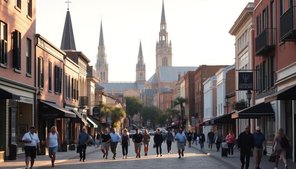 A bustling street scene in historic Charleston, South Carolina. In the foreground, pedestrians stroll along the iconic King Street, its charming brick facades and cobblestone sidewalks bathed in warm, golden afternoon light. The middle ground features the lively mix of boutiques, galleries, and restaurants that make King Street a local hotspot. In the background, the steeples and ornate architecture of downtown Charleston's historic district rise up, creating a picturesque skyline. The scene evokes a sense of timeless Southern charm, inviting the viewer to immerse themselves in the rhythm of local life on this must-see Charleston thoroughfare.