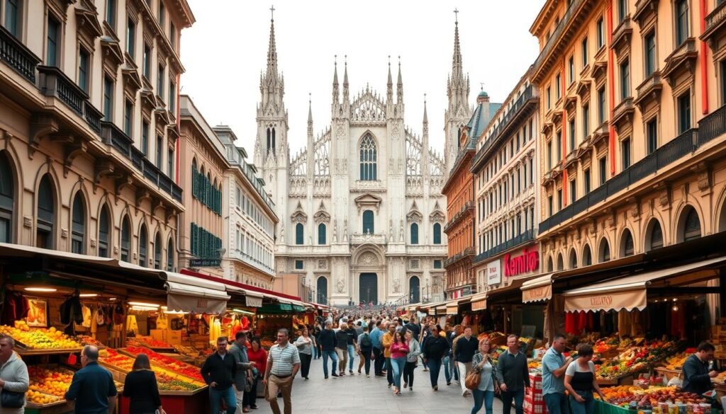 A bustling street scene in the historic heart of Milan, Italy. In the foreground, a charming open-air market with colorful stalls selling fresh produce, handmade crafts, and street food. Locals and tourists browse the wares, creating a lively, authentic atmosphere. In the middle ground, grand neoclassical buildings line the streets, their ornate facades and towering spires adding architectural interest. The background features the iconic Duomo di Milano, its magnificent Gothic cathedral silhouetted against a soft, overcast sky. The lighting is warm and natural, casting a golden glow over the scene. An immersive, budget-friendly view of Milan's vibrant, walkable city center. A bustling street scene in the historic heart of Milan, Italy. In the foreground, a charming open-air market with colorful stalls selling fresh produce, handmade crafts, and street food. Locals and tourists browse the wares, creating a lively, authentic atmosphere. In the middle ground, grand neoclassical buildings line the streets, their ornate facades and towering spires adding architectural interest. The background features the iconic Duomo di Milano, its magnificent Gothic cathedral silhouetted against a soft, overcast sky. The lighting is warm and natural, casting a golden glow over the scene. An immersive, budget-friendly view of Milan's vibrant, walkable city center.