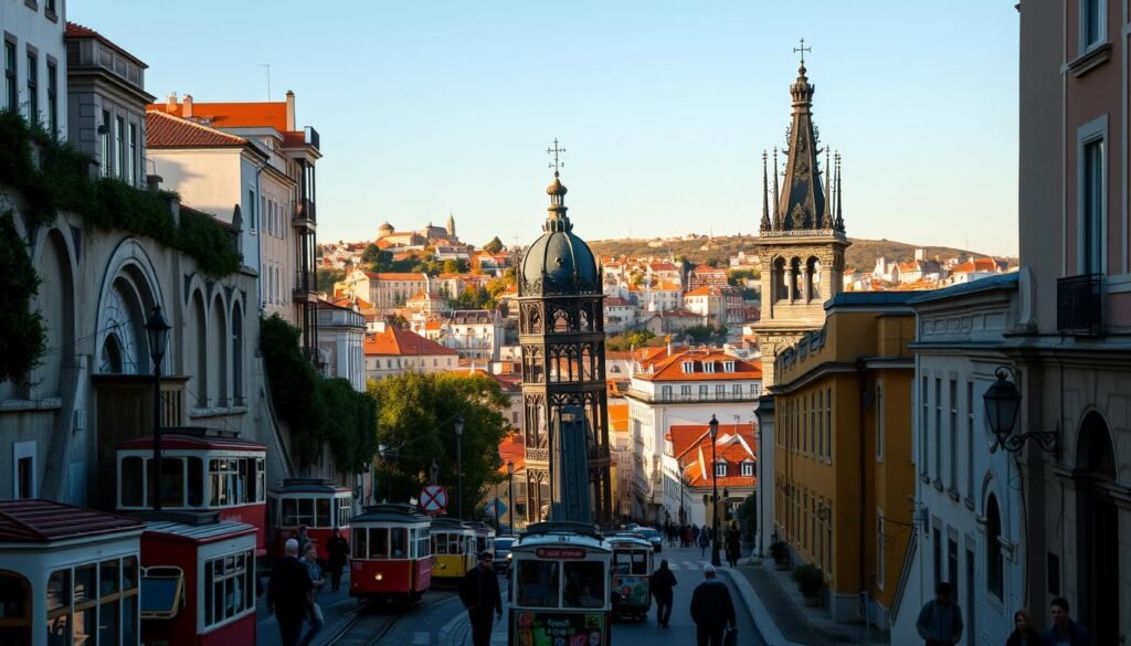 A bustling urban landscape in Lisbon, Portugal, featuring the iconic funiculars and the striking Santa Justa Lift. In the foreground, the historic funicular cars ascend the steep hillsides, their vibrant colors contrasting with the muted tones of the surrounding buildings. The middle ground showcases the ornate, neo-Gothic structure of the Santa Justa Lift, its intricate ironwork and delicate spires creating a striking silhouette against the clear sky. In the background, the rolling hills of Lisbon's charming old town provide a picturesque backdrop, with the warm afternoon sunlight casting a gentle glow over the scene. The atmosphere is one of lively activity, with pedestrians navigating the winding streets and enjoying the unique transportation options that make this city so iconic.