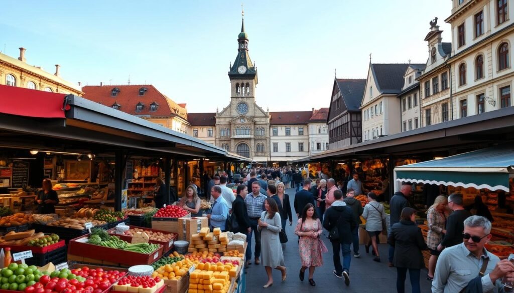 A bustling, vibrant open-air market in the heart of Munich, Viktualienmarkt is a feast for the senses. In the foreground, colorful stalls overflow with fresh produce, fragrant breads, and artisanal cheeses, inviting passersby to indulge their culinary cravings. The middle ground captures the lively energy of the market, with locals and tourists alike browsing the diverse selection of goods, sipping on frothy beers, and savoring local delicacies. In the background, the historic buildings of Munich's city center provide a picturesque backdrop, bathed in the warm glow of the afternoon sun. The scene conveys the essence of Viktualienmarkt - a beloved destination where food, culture, and community converge in a vibrant, irresistible way.