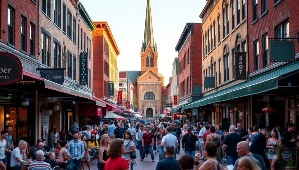 A bustling, vibrant scene of the Church Street Marketplace in downtown Burlington, Vermont. In the foreground, an eclectic mix of shops and boutiques line the pedestrian-only street, with people browsing and dining at outdoor cafes. In the middle ground, a troupe of street performers captivate the crowd with lively music and energetic dance moves. The background features the iconic architecture of historic brick buildings, punctuated by the steeple of a grand church. The scene is bathed in warm, golden afternoon light, creating a welcoming and inviting atmosphere. The overall impression is one of a thriving, dynamic urban center where locals and visitors alike can immerse themselves in the charming character of this New England town.