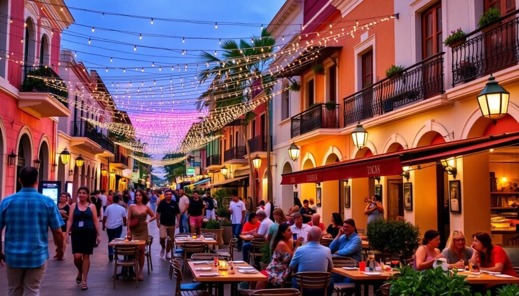 A bustling, vibrant street in the heart of Puerto Vallarta's Zona Romantica. Quaint buildings with classic Mexican architecture line the sidewalks, their colorful facades and wrought-iron balconies catching the warm glow of the setting sun. Locals and tourists alike stroll the pedestrian-friendly promenade, drawn by the lively nightlife, trendy eateries, and that quintessential PV ambiance. Strings of twinkling lights overhead cast a romantic, intimate atmosphere, while the distant sound of mariachi music drifts through the air. In the foreground, a thriving, al fresco dining scene with tables spilling out onto the street, people enjoying delicious local cuisine and sipping craft cocktails. The scene exudes the laid-back, vibrant charm that makes Zona Romantica such a beloved destination. A bustling, vibrant street in the heart of Puerto Vallarta's Zona Romantica. Quaint buildings with classic Mexican architecture line the sidewalks, their colorful facades and wrought-iron balconies catching the warm glow of the setting sun. Locals and tourists alike stroll the pedestrian-friendly promenade, drawn by the lively nightlife, trendy eateries, and that quintessential PV ambiance. Strings of twinkling lights overhead cast a romantic, intimate atmosphere, while the distant sound of mariachi music drifts through the air. In the foreground, a thriving, al fresco dining scene with tables spilling out onto the street, people enjoying delicious local cuisine and sipping craft cocktails. The scene exudes the laid-back, vibrant charm that makes Zona Romantica such a beloved destination.