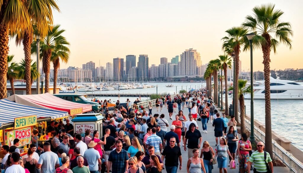 A bustling weekend scene in San Diego, California. In the foreground, crowds gather at a lively outdoor festival, with vibrant food stalls, live music, and colorful decorations. In the middle ground, people stroll along the waterfront promenade, taking in views of the sparkling harbor and anchored yachts. In the background, the iconic skyline of downtown San Diego rises, bathed in warm, golden evening light. The atmosphere is one of energy, celebration, and the quintessential San Diego lifestyle.