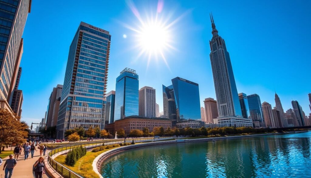 A captivating view of Chicago's Riverwalk, a picturesque urban oasis. In the foreground, people stroll along the winding riverfront promenade, enjoying the vibrant atmosphere. Middle-ground features modern glass-and-steel high-rises reflecting in the calm waters, creating a striking juxtaposition of nature and architecture. In the background, the iconic Wrigley Building and Tribune Tower stand tall, their neo-Gothic spires piercing the bright blue sky. Warm afternoon sunlight filters through, casting a golden glow over the entire scene. The overall mood is one of bustling city energy balanced with serene waterfront tranquility, capturing the essence of Chicago's dynamic urban landscape.