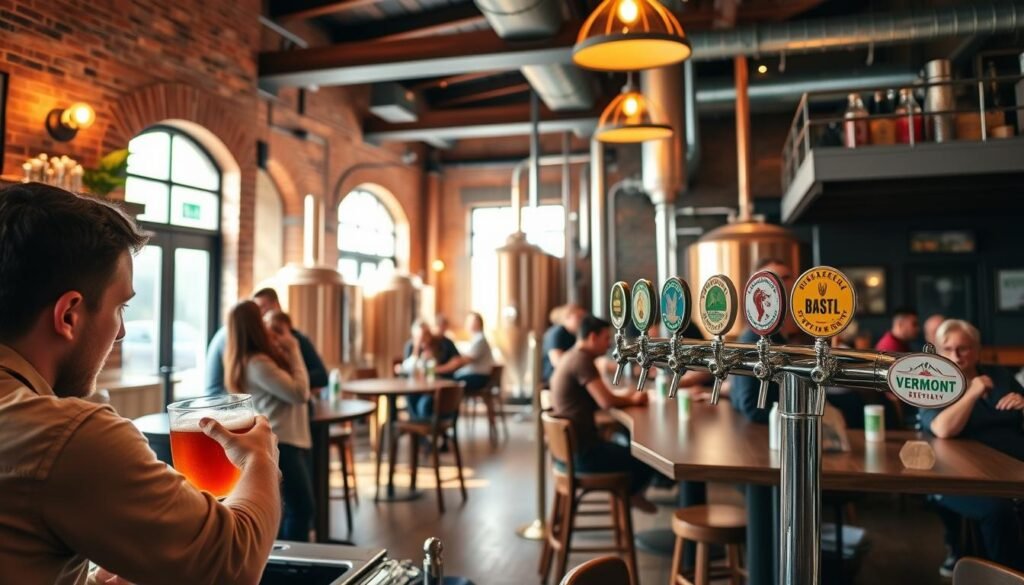 A charming brewpub nestled in the heart of Burlington, VT, with warm brick walls, cozy wood furnishings, and the inviting glow of copper brewing tanks. In the foreground, a bartender pours a frothy amber ale, while patrons gather at high-top tables, conversing and savoring local craft brews. The middle ground showcases an array of draft handles, each emblazoned with the logos of beloved Vermont breweries. Soft, natural lighting filters in through large windows, creating a convivial atmosphere perfect for an afternoon of easy eats and local libations.