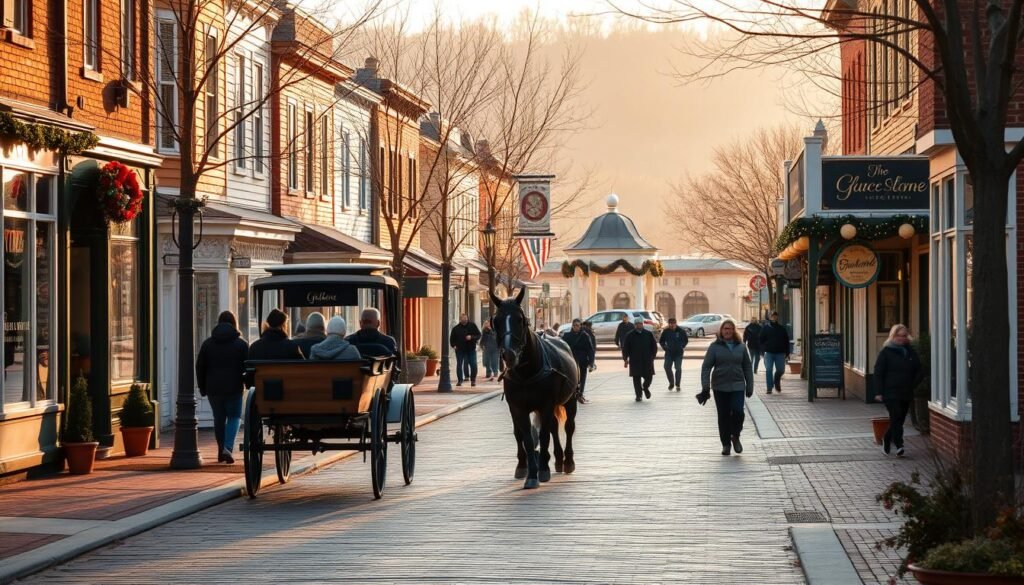 A charming small-town street in November, bathed in warm, golden afternoon light. Quaint Victorian-style buildings line the sidewalks, their facades adorned with colorful holiday decorations and twinkling string lights. A horse-drawn carriage clip-clops down the brick-paved road, its occupants bundled up against the crisp air. In the distance, a historic town square comes into view, its central gazebo draped in festive garlands. Pedestrians stroll leisurely, window-shopping at locally-owned boutiques and cafes. An atmosphere of tranquility and timeless small-town allure pervades the scene. A charming small-town street in November, bathed in warm, golden afternoon light. Quaint Victorian-style buildings line the sidewalks, their facades adorned with colorful holiday decorations and twinkling string lights. A horse-drawn carriage clip-clops down the brick-paved road, its occupants bundled up against the crisp air. In the distance, a historic town square comes into view, its central gazebo draped in festive garlands. Pedestrians stroll leisurely, window-shopping at locally-owned boutiques and cafes. An atmosphere of tranquility and timeless small-town allure pervades the scene.