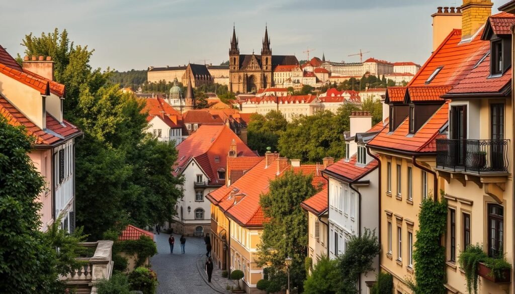 A charming view of Malá Strana, Prague's historic Lesser Town. In the foreground, cobblestone streets wind between quaint buildings with warm, terracotta roofs and decorative facades. Lush, verdant trees and gardens line the streets, creating a serene and tranquil atmosphere. In the middle ground, the iconic spires of St. Nicholas Church pierce the skyline, their ornate silhouettes casting long shadows across the scene. In the distance, the Prague Castle complex sits atop the hill, its majestic towers and ramparts overlooking the city. The image is bathed in a soft, golden light, accentuating the timeless, historic character of this picturesque neighborhood.