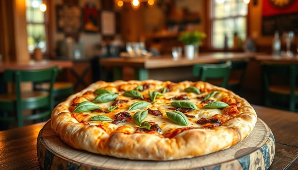 A cheerful, artisanal pizza with a topping of fresh basil leaves arranged in a grateful head shape, placed on a rustic wooden board. Warm, inviting lighting casts a golden glow, highlighting the crisp, bubbly crust and the vibrant colors of the toppings. The pizza is positioned in the center of the frame, with a blurred background showcasing the cozy, charming atmosphere of a local pizzeria in the heart of Broken Bow, Oklahoma. The overall scene conveys a sense of gratitude, community, and the joy of sharing a delicious meal with loved ones.