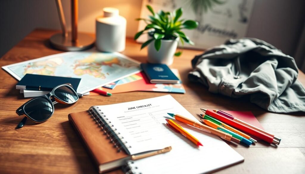 A chic yet functional June travel checklist laid out on a hardwood surface, meticulously organized with a variety of summer essentials. In the foreground, a leather-bound notebook, a pair of stylish sunglasses, and a set of colorful pens. In the middle ground, a passport, a lightweight jacket, and a few vibrant travel documents. The background features a potted plant, a map, and a minimalist desk lamp, creating a warm, inviting atmosphere. The lighting is soft and natural, casting gentle shadows and highlighting the textures of the materials. The overall composition conveys a sense of planning, adventure, and the excitement of a summer getaway. A chic yet functional June travel checklist laid out on a hardwood surface, meticulously organized with a variety of summer essentials. In the foreground, a leather-bound notebook, a pair of stylish sunglasses, and a set of colorful pens. In the middle ground, a passport, a lightweight jacket, and a few vibrant travel documents. The background features a potted plant, a map, and a minimalist desk lamp, creating a warm, inviting atmosphere. The lighting is soft and natural, casting gentle shadows and highlighting the textures of the materials. The overall composition conveys a sense of planning, adventure, and the excitement of a summer getaway.