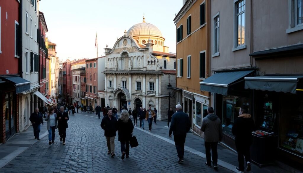 A cobblestone street winding through the historic Cannaregio district of Venice, Italy, lined with colorful buildings and quaint shops. In the foreground, a group of locals stroll leisurely, immersed in conversation, while in the middle ground, a traditional Jewish synagogue stands proud, its ornate façade reflecting the vibrant culture of the centuries-old Jewish Ghetto. The background is framed by the iconic Venetian canals, their tranquil waters reflecting the warm, golden light of the setting sun, casting a serene and enchanting atmosphere over the entire scene.
