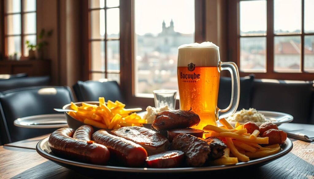 A cozy Prague cafe, sunlight streaming through the windows, illuminating a table laden with a hearty meal and a foaming mug of local craft beer. In the foreground, a platter of traditional Czech delicacies - sizzling sausages, glistening roasted pork, crisp golden fries, and a tangy sauerkraut salad. The middle ground features the beer, its amber hue and thick head complementing the rustic, wooden table setting. In the background, a glimpse of the historic city skyline through the cafe's charming casement windows, hinting at the vibrant culture and centuries-old brewing traditions that define this beloved European destination.