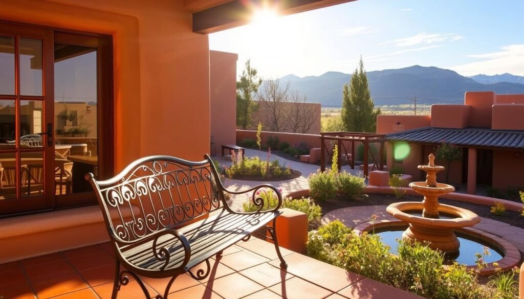 A cozy adobe-style hotel nestled in the heart of historic Santa Fe, New Mexico. Warm sunlight filters through the large windows, casting a golden glow over the rustic decor and adobe walls. In the foreground, a wrought-iron bench sits on a terracotta tiled patio, inviting guests to relax and take in the serene surroundings. The middle ground features a landscaped courtyard with blooming flowers and a trickling fountain, while the background showcases the majestic Sangre de Cristo mountains. The overall atmosphere evokes a sense of Southwestern charm and tranquility, perfect for travelers seeking a unique and authentic lodging experience. A cozy adobe-style hotel nestled in the heart of historic Santa Fe, New Mexico. Warm sunlight filters through the large windows, casting a golden glow over the rustic decor and adobe walls. In the foreground, a wrought-iron bench sits on a terracotta tiled patio, inviting guests to relax and take in the serene surroundings. The middle ground features a landscaped courtyard with blooming flowers and a trickling fountain, while the background showcases the majestic Sangre de Cristo mountains. The overall atmosphere evokes a sense of Southwestern charm and tranquility, perfect for travelers seeking a unique and authentic lodging experience.
