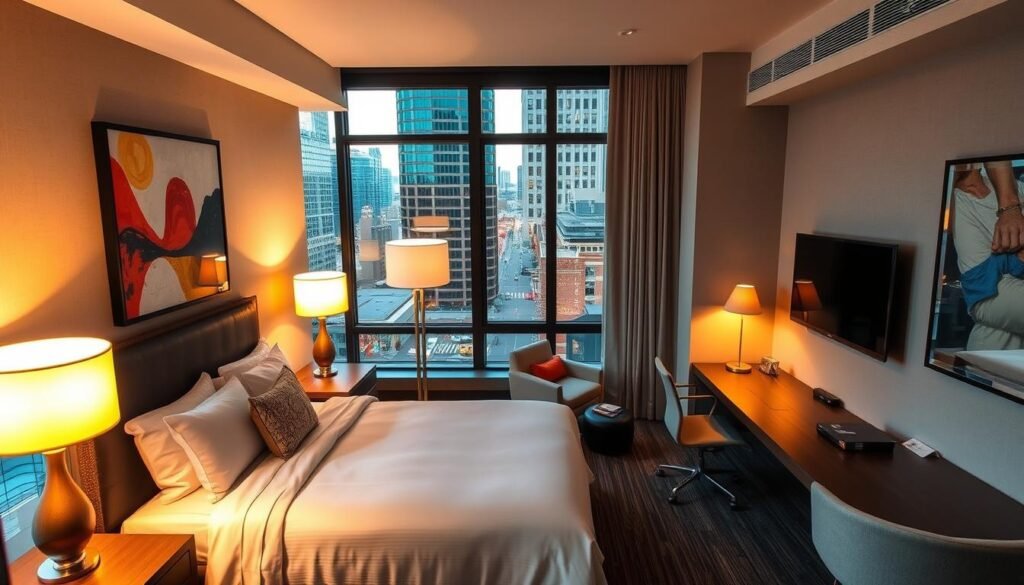 A cozy and stylish hotel room in the vibrant arts district of Dallas, Texas. Warm lighting from floor lamps and table lamps cast a soft glow, highlighting the modern decor. Large windows offer a view of the bustling streets and buildings outside. Plush bedding, sleek furniture, and a clutter-free aesthetic create an inviting atmosphere. Pops of color from abstract artwork and accent pillows add visual interest. The room has a spacious layout with a sitting area, a work desk, and a large en-suite bathroom. Everything exudes an upscale, boutique feel that captures the essence of the city's artistic sensibilities. A cozy and stylish hotel room in the vibrant arts district of Dallas, Texas. Warm lighting from floor lamps and table lamps cast a soft glow, highlighting the modern decor. Large windows offer a view of the bustling streets and buildings outside. Plush bedding, sleek furniture, and a clutter-free aesthetic create an inviting atmosphere. Pops of color from abstract artwork and accent pillows add visual interest. The room has a spacious layout with a sitting area, a work desk, and a large en-suite bathroom. Everything exudes an upscale, boutique feel that captures the essence of the city's artistic sensibilities.