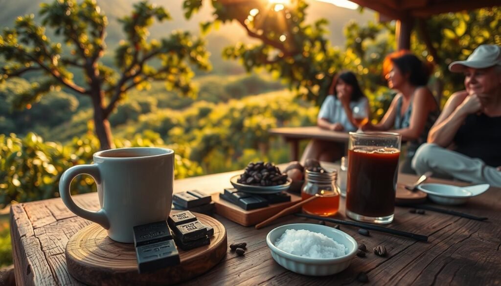 A cozy coffee farm nestled in the lush, verdant hills of Kona, Hawaii. In the foreground, a rustic wooden table is set with an array of tasting elements: freshly brewed Kona coffee, dark chocolate bars, fragrant vanilla beans, a drizzle of local honey, and a sprinkle of sea salt. The aroma of the coffee mingles with the earthy scents of the farm, creating a sensory experience that transports the viewer to this idyllic island setting. Warm, golden sunlight filters through the canopy of coffee trees, casting a serene glow over the scene. A group of friends and connoisseurs gather around the table, sipping, savoring, and discussing the unique flavors of Kona's renowned coffee and island-grown delicacies.