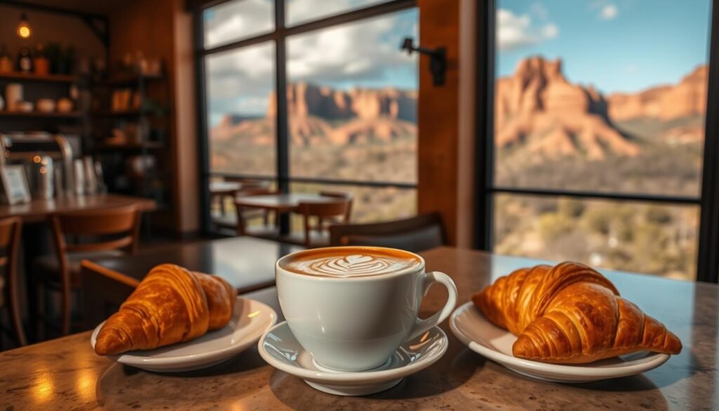 A cozy coffee shop interior, bathed in warm, golden lighting. On the counter, an expertly crafted latte with a delicate leaf pattern in the foam, accompanied by a fresh, flaky croissant. The background features floor-to-ceiling windows overlooking a picturesque Sedona landscape, with red rock formations in the distance. The overall atmosphere is inviting, serene, and perfect for a moment of relaxation and indulgence. A cozy coffee shop interior, bathed in warm, golden lighting. On the counter, an expertly crafted latte with a delicate leaf pattern in the foam, accompanied by a fresh, flaky croissant. The background features floor-to-ceiling windows overlooking a picturesque Sedona landscape, with red rock formations in the distance. The overall atmosphere is inviting, serene, and perfect for a moment of relaxation and indulgence.