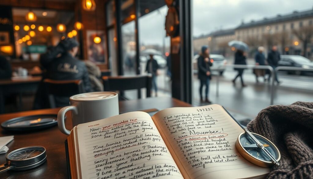 A cozy coffee shop on a rainy November afternoon, steam from mugs swirling in the dim lighting. Outside, a blurred cityscape under gray skies, people hurrying with umbrellas. In the foreground, a traveler's journal lies open, filled with scribbled notes and meticulously planned itineraries for an upcoming November trip - flight times, hotel reservations, lists of must-see sights. Nearby, a compass, a map, and a warm woolen scarf hint at the adventure to come, as the traveler contemplates the weather, crowds, and daylight of the destination. A cozy coffee shop on a rainy November afternoon, steam from mugs swirling in the dim lighting. Outside, a blurred cityscape under gray skies, people hurrying with umbrellas. In the foreground, a traveler's journal lies open, filled with scribbled notes and meticulously planned itineraries for an upcoming November trip - flight times, hotel reservations, lists of must-see sights. Nearby, a compass, a map, and a warm woolen scarf hint at the adventure to come, as the traveler contemplates the weather, crowds, and daylight of the destination.