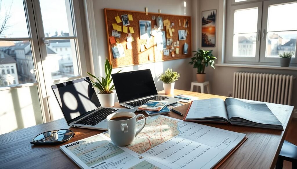 A cozy home office with a desk, laptop, and planning materials spread out. Sunlight streams in through large windows, casting a warm glow. On the desk, a map of Madrid, travel guides, and a planner open to a calendar page. A mug of steaming coffee and a potted plant add personal touches. In the background, cork boards covered in sticky notes and travel inspiration pinned up. The overall atmosphere is focused yet relaxed, reflecting the thoughtful planning process for an upcoming trip to Madrid. A cozy home office with a desk, laptop, and planning materials spread out. Sunlight streams in through large windows, casting a warm glow. On the desk, a map of Madrid, travel guides, and a planner open to a calendar page. A mug of steaming coffee and a potted plant add personal touches. In the background, cork boards covered in sticky notes and travel inspiration pinned up. The overall atmosphere is focused yet relaxed, reflecting the thoughtful planning process for an upcoming trip to Madrid.