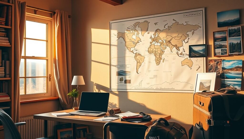 A cozy home office with a large world map on the wall, a laptop and travel planning documents on the desk, and a suitcase and hiking gear in the foreground. The room is bathed in warm, golden light streaming through the window, creating a serene, inspirational atmosphere. In the background, there are framed photos and postcards of scenic California landscapes - rolling hills, towering redwoods, and picturesque beaches. The overall scene evokes a sense of excitement and anticipation for an imminent California adventure.
