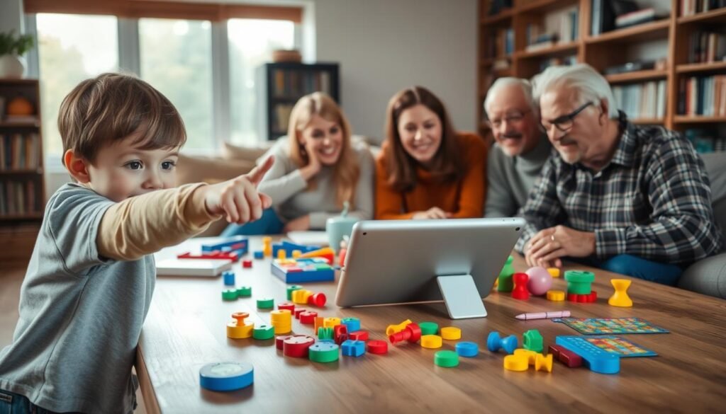 A cozy living room, filled with a family gathered around a large, wooden table. In the foreground, a young child enthusiastically points at a tablet, their eyes wide with excitement. On the table, an array of colorful toys and games, hinting at the family's love for playtime. The middle ground features parents and grandparents leaning in, engaged in conversation, their faces lit by the warm, soft lighting from a nearby window. In the background, bookshelves line the walls, suggesting a home filled with knowledge and adventure. The overall atmosphere is one of joy, connection, and the simple pleasures of quality time spent together. A cozy living room, filled with a family gathered around a large, wooden table. In the foreground, a young child enthusiastically points at a tablet, their eyes wide with excitement. On the table, an array of colorful toys and games, hinting at the family's love for playtime. The middle ground features parents and grandparents leaning in, engaged in conversation, their faces lit by the warm, soft lighting from a nearby window. In the background, bookshelves line the walls, suggesting a home filled with knowledge and adventure. The overall atmosphere is one of joy, connection, and the simple pleasures of quality time spent together.