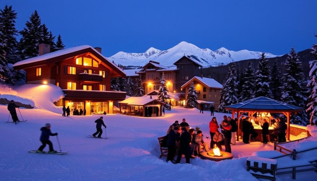 A cozy ski chalet nestled amidst a winter wonderland, its warm glow illuminating the snowy landscape. In the foreground, skiers glide gracefully down powdery slopes, their laughter echoing in the crisp air. The middle ground features a bustling après-ski scene, with revelers gathering around a crackling fire pit, sipping mulled wine and swapping tales of their adventures. In the background, majestic snow-capped peaks pierce the horizon, bathed in the soft, golden light of the setting sun. The scene exudes a magical, festive atmosphere, perfectly capturing the essence of a dreamy ski-season escape.