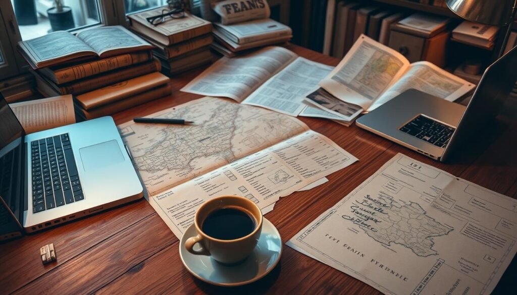 A cozy study filled with well-worn travel books, a laptop, and a hand-drawn map of France sprawled across an oak desk. Warm, ambient lighting casts a soft glow, as the researcher meticulously analyzes itineraries, reviews, and personal recommendations. In the foreground, a cup of strong coffee steams alongside a thoughtful expression, capturing the process of carefully curating the ultimate French adventure. The scene conveys a sense of genuine passion and attention to detail, reflecting the diligence behind selecting the most captivating destinations.
